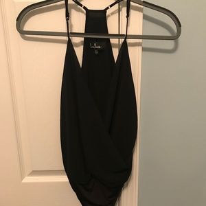 Lulu's Black Surplice Bodysuit